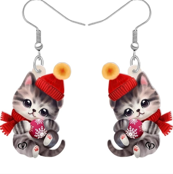 Adorable Cat Earrings with Red Accents - Picture 1 of 5